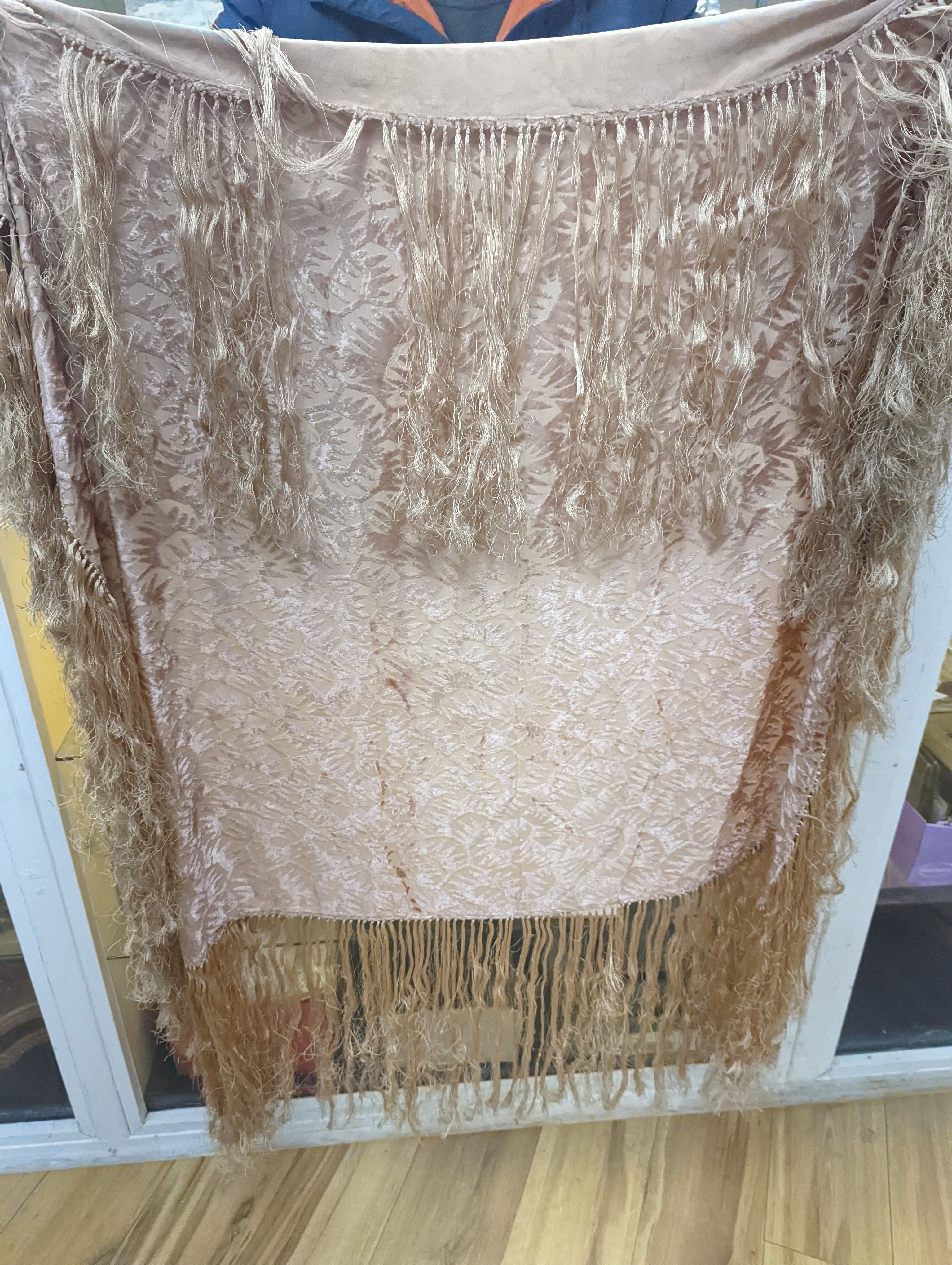 A 19th century silk woven shawl, a 1930's cut velvet shawl, a printed crepe de chine shawl, a black and gold lurex shawl and a multicoloured lurex stole (5)